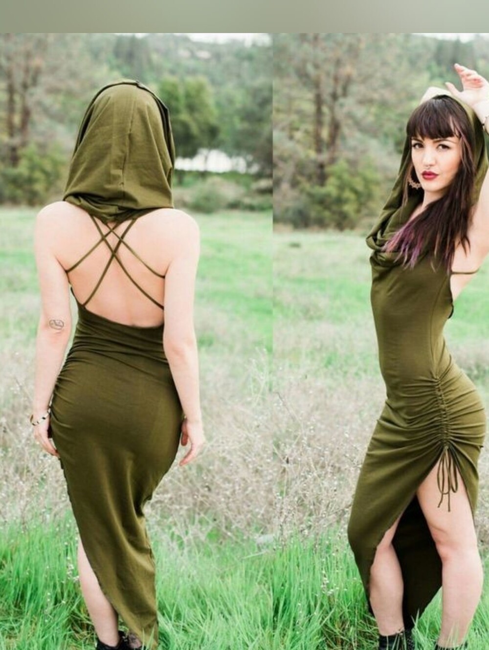 Olive Green Hooded A Symmetrical Dress with Side Ruched Detail